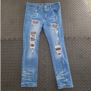 Smoke & Ash Mens Distressed Graphic Patch Slim Straight Jeans Medium Wash Blue